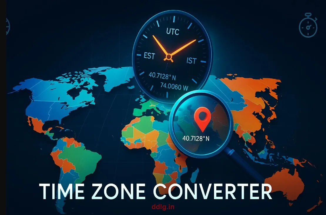 World map with time zones and clock for time zone converter tool